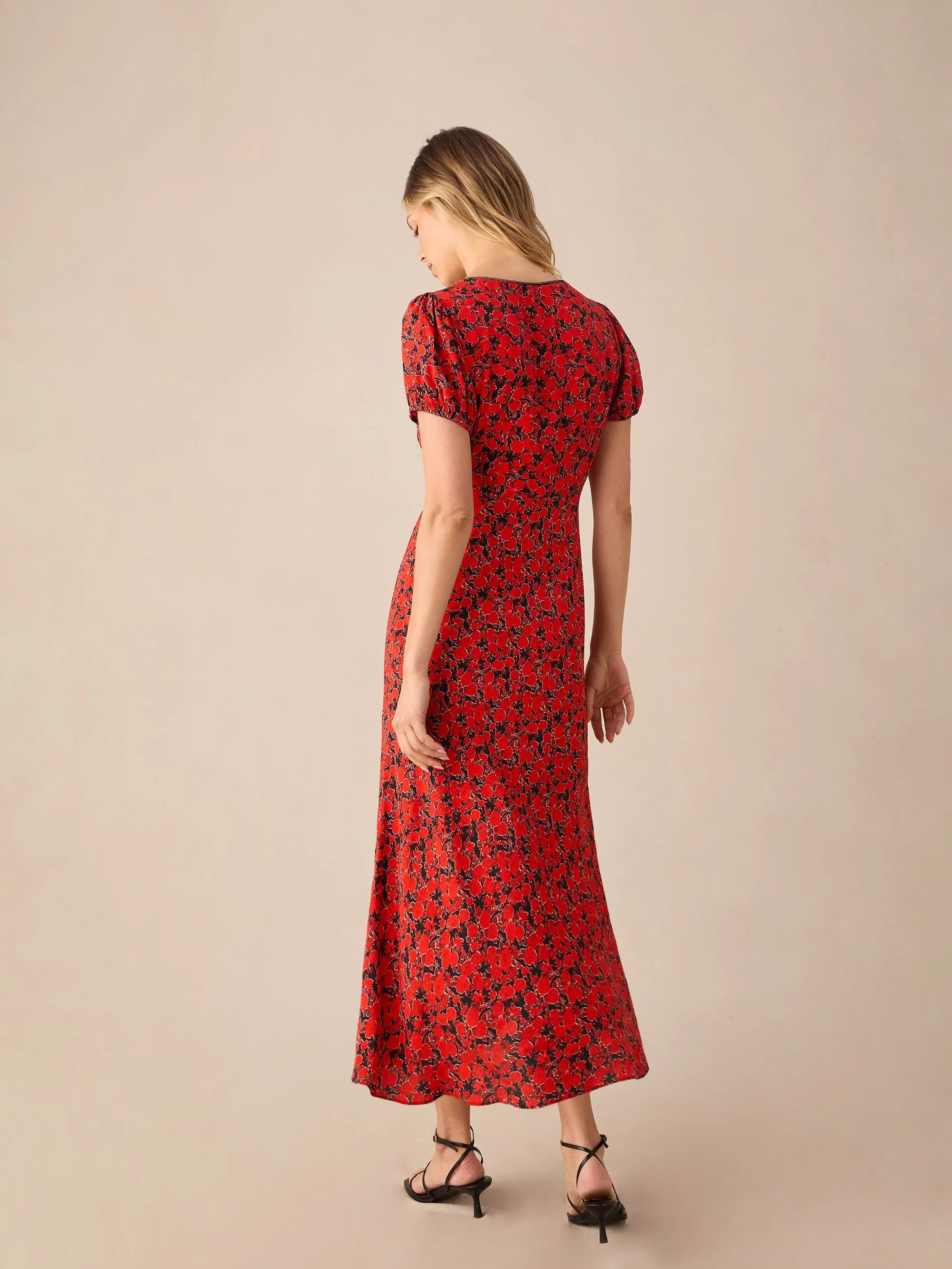 Red Blurred Floral Print Puff Sleeve Midi Dress