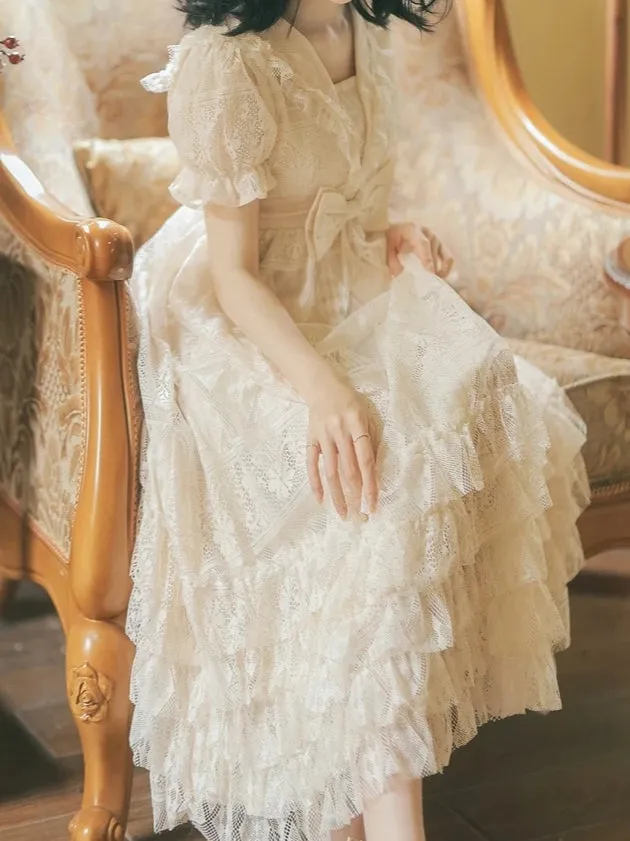 Short Sleeve Edwardian Style Lace Ruffle Dress