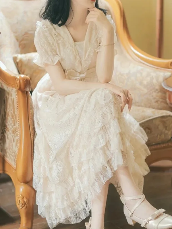 Short Sleeve Edwardian Style Lace Ruffle Dress