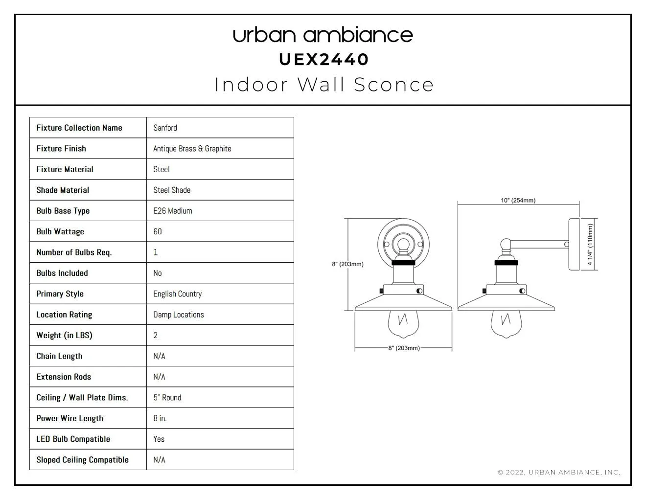 UEX2440 New Traditional Wall Sconce 8''H x 8''W, Antique Brass & Graphite Finish, Sanford Collection