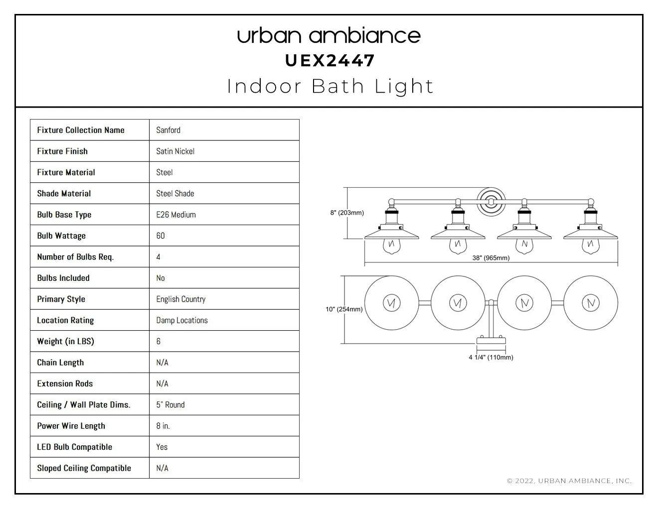 UEX2447 New Traditional Bath Light 8''H x 38''W, Satin Nickel Finish, Sanford Collection