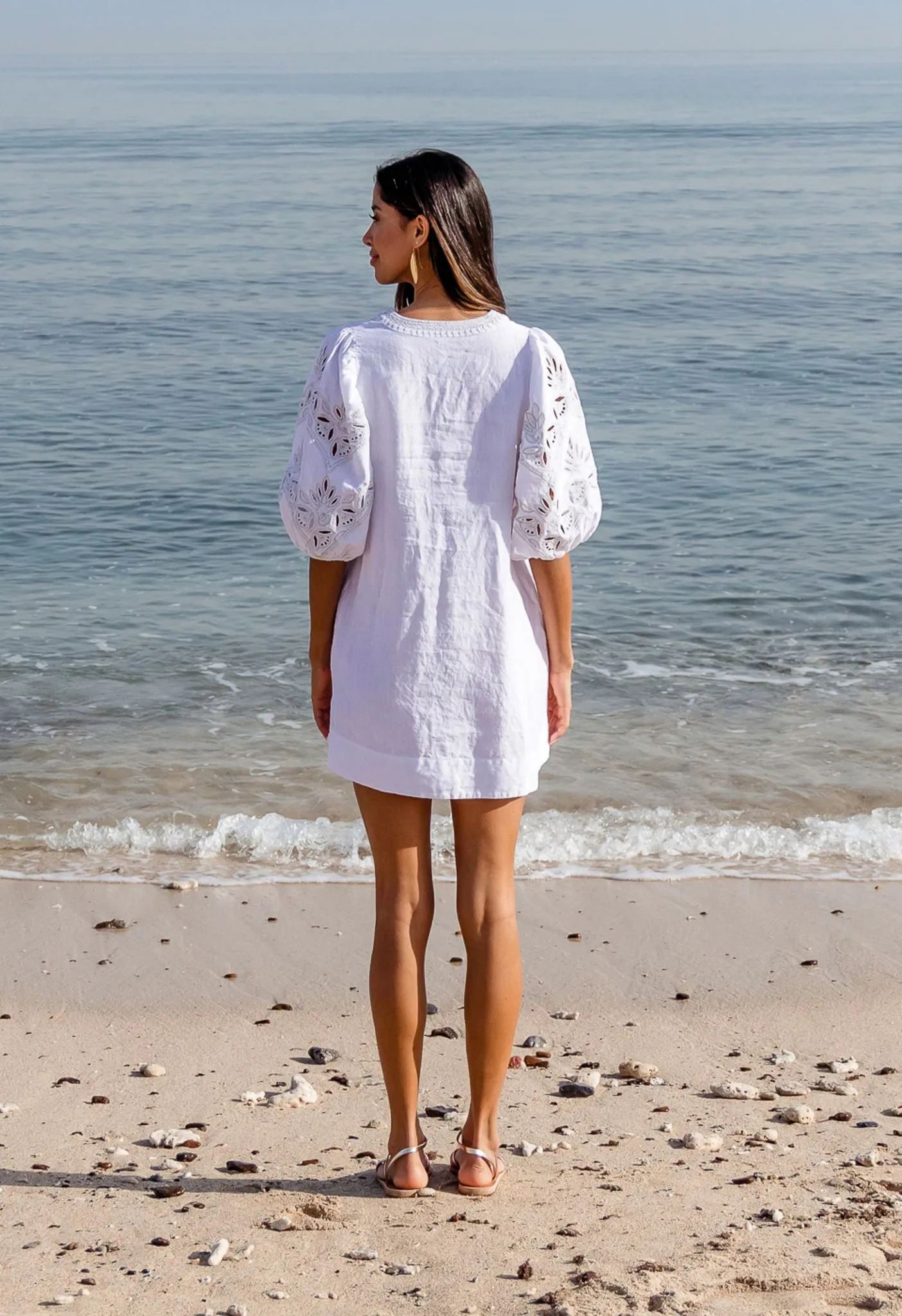 VALENTINA - EMBROIDERED VOLUME SLEEVE LINEN MINI DRESS