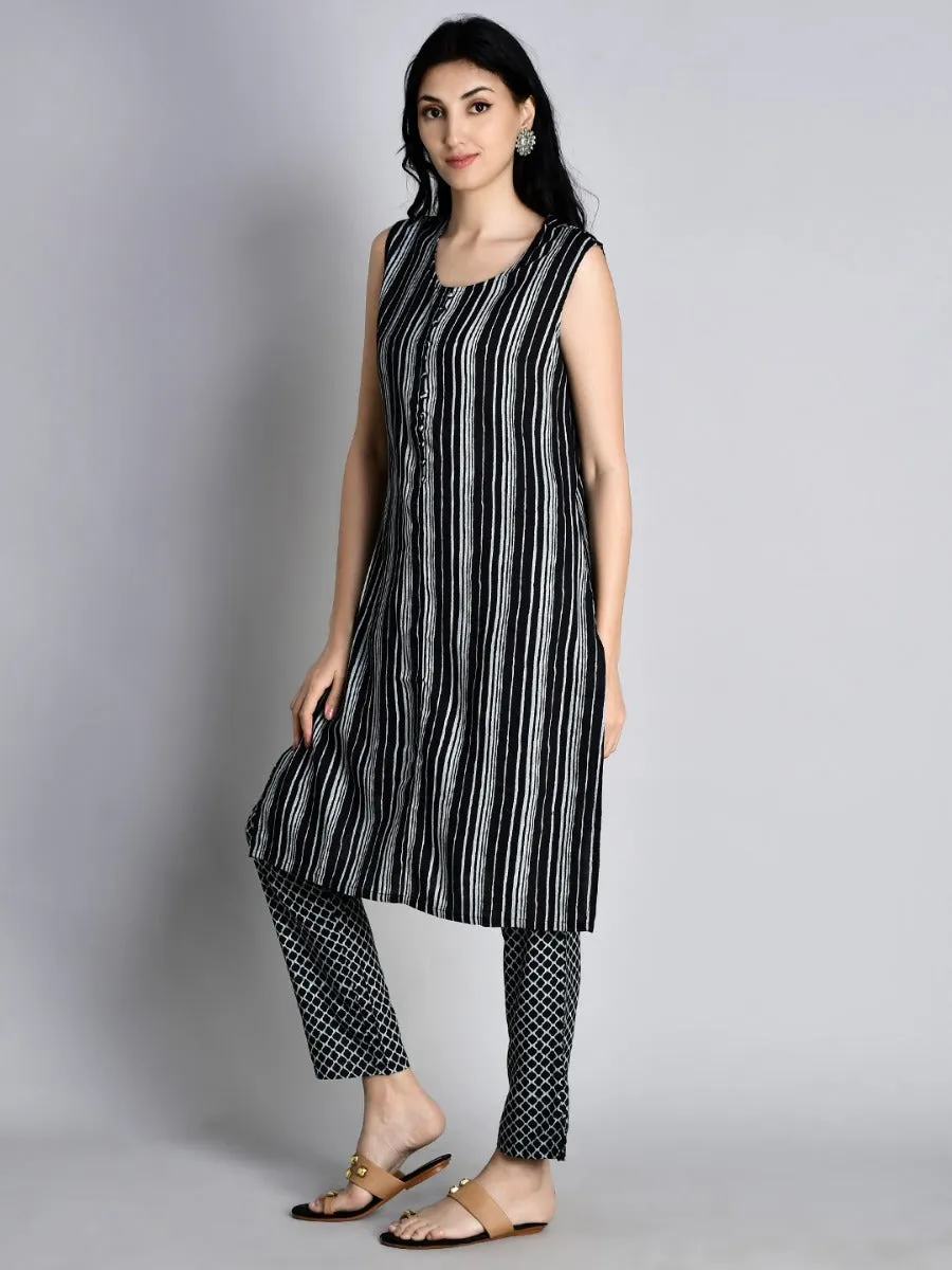 Women Black Stripe Printed Kurta Trouser Jacket